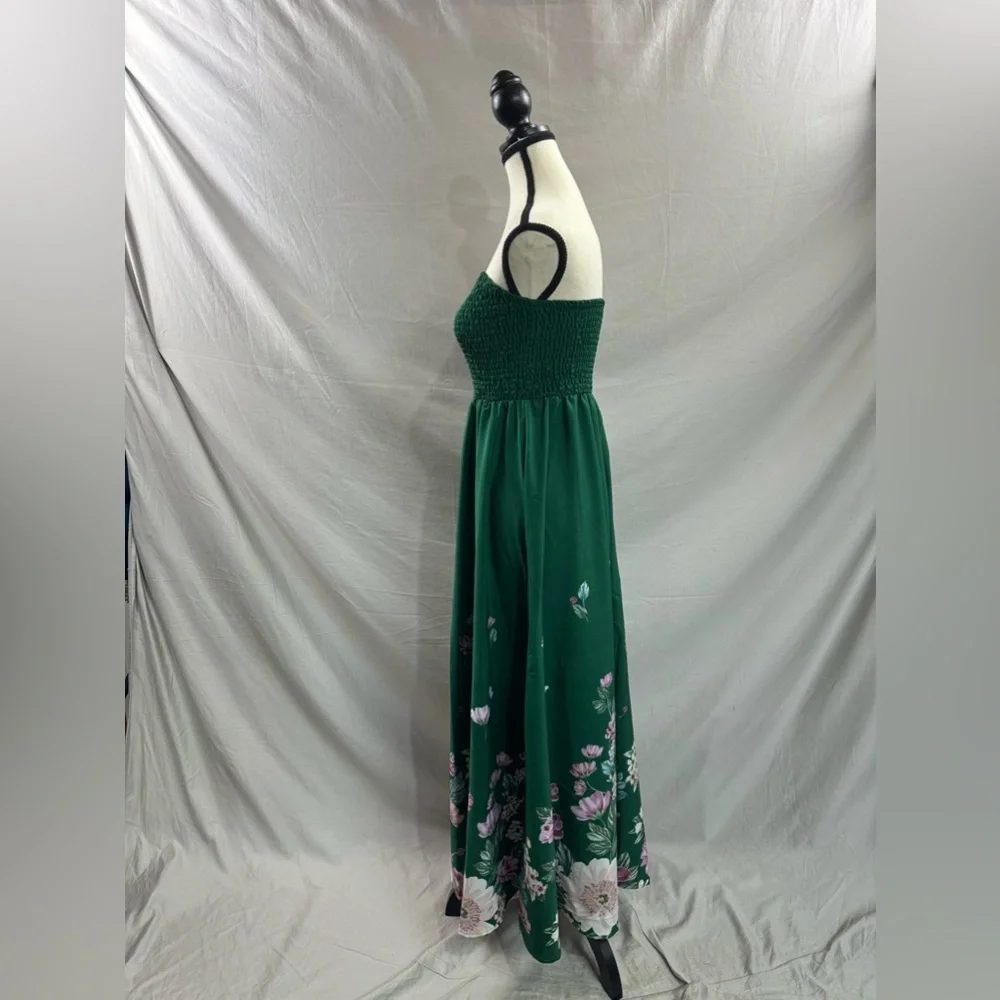 LAST ONE 🔥 Floral Print Strapless Shirred A-Line Dress Green - Picture 7 of 8